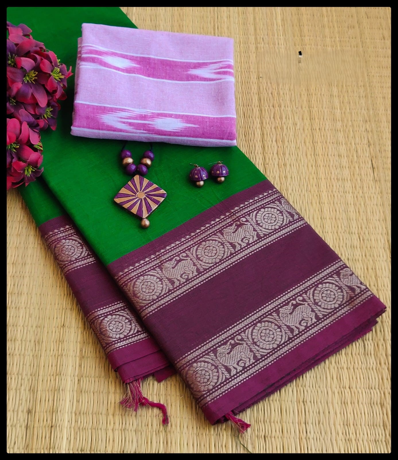 Deep Purple Animal Motif Zari Border Chettinad Cotton Saree